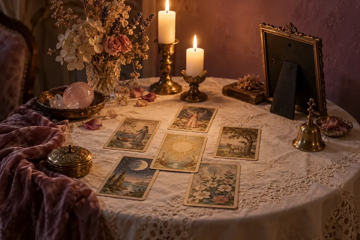 A small table with a tarot spread, white candles and dried flowers