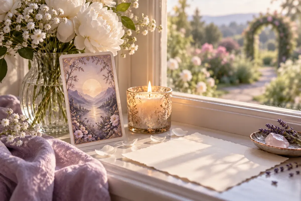 A tarot card leaning against a vase of white flowers on a sunlit window sill