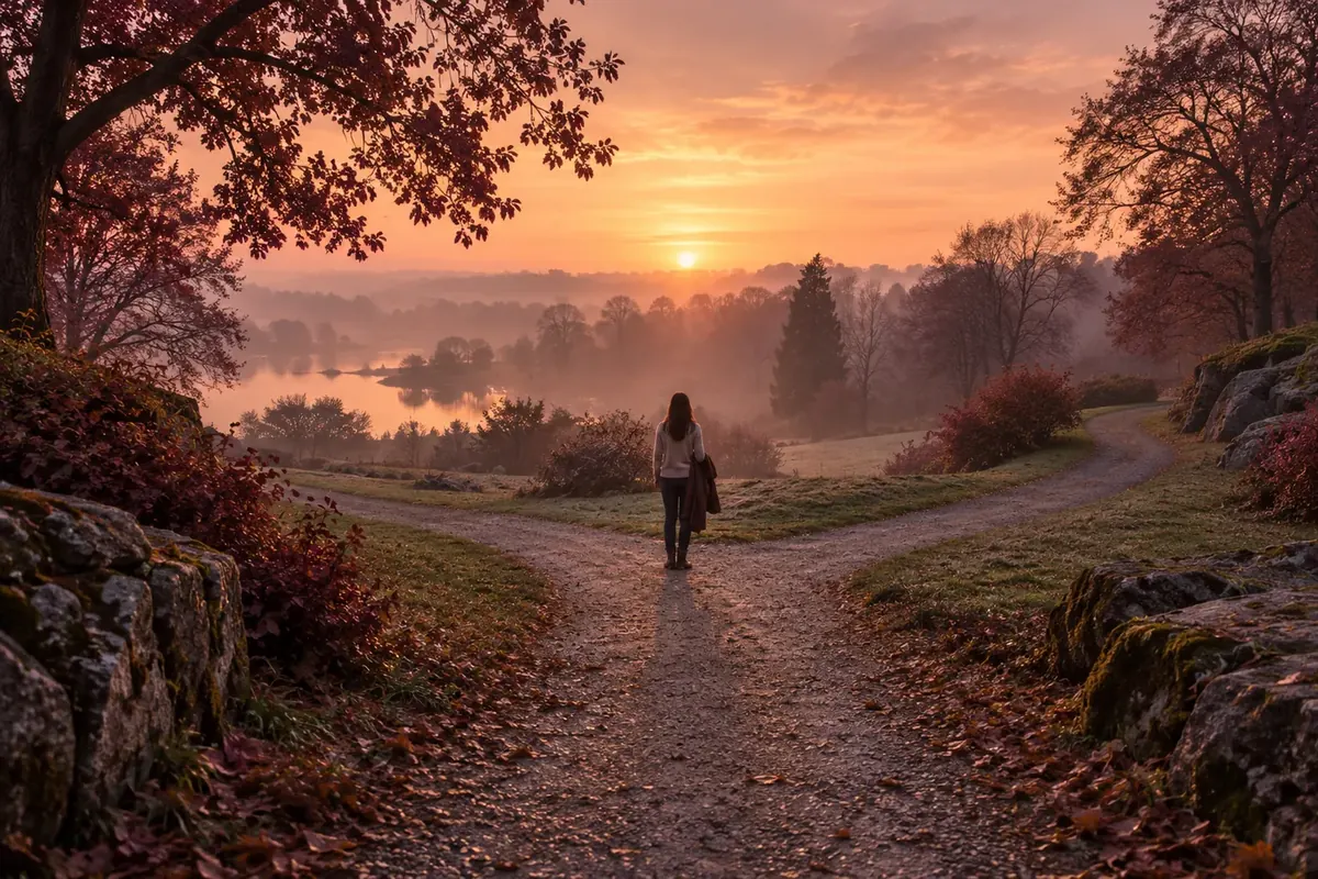 A misty park path splitting into two directions at golden hour