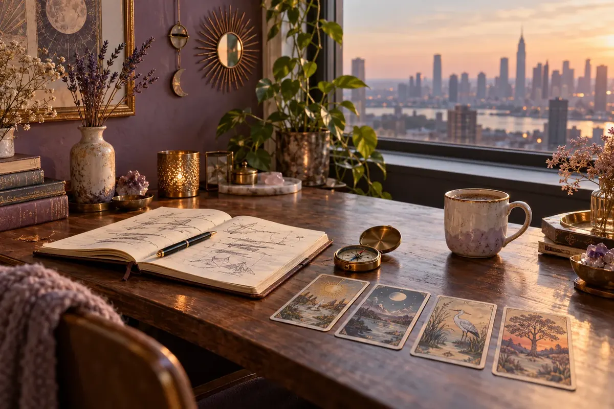 A tidy desk with a notebook, brass compass, tarot cards and a mug of coffee