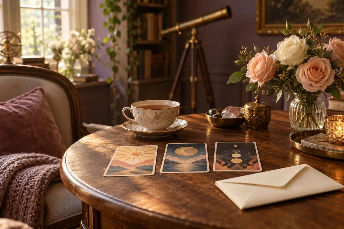 A reading table with tarot cards, tea, a handwritten letter and peach roses