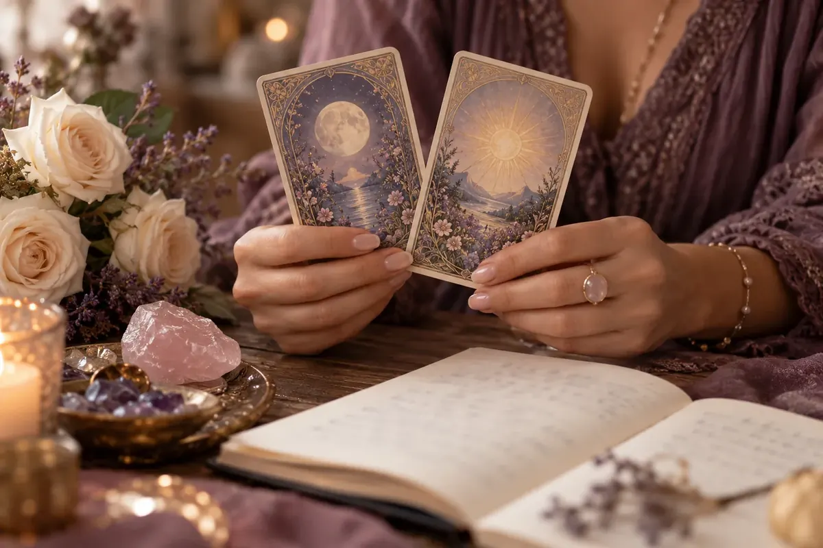 Hands holding two tarot cards beside roses and a rose quartz stone